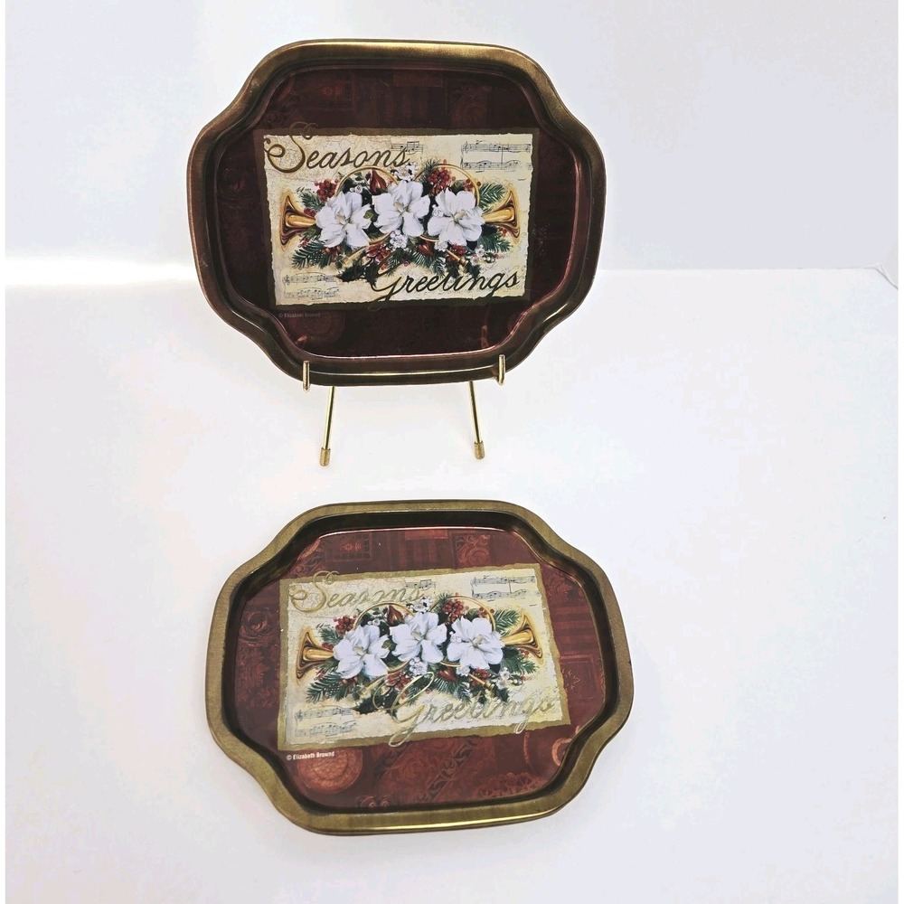 Elizabeth Brownd Giftco Set Of 4 Tin Holiday Trays Vtg Seasons Greetings Small